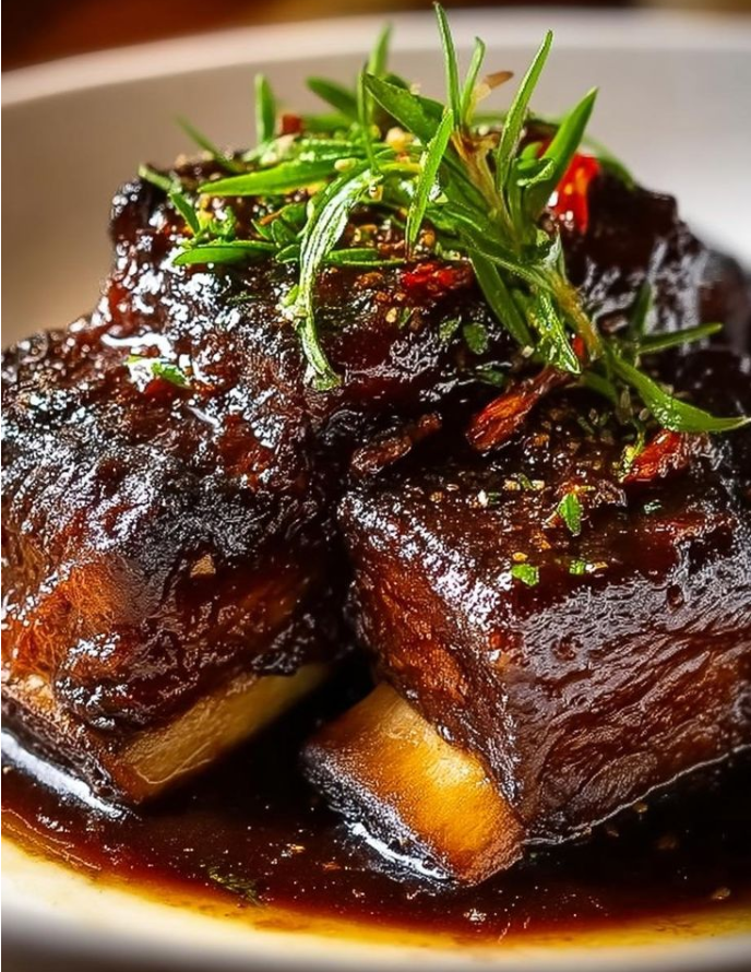 Sticky BBQ Beef Short Ribs with Crispy Shallots