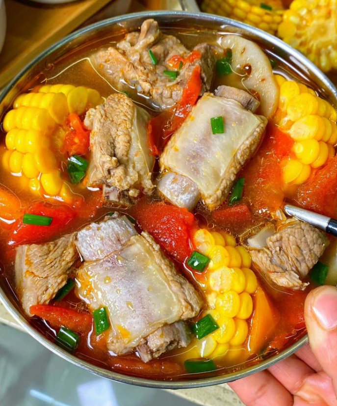 Tomato Pork Rib Soup with Corn & Shiitake Mushrooms